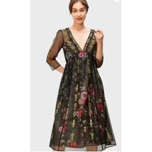 Wayward Fancies Medium Black Dress Flower Embroidery Tulle Overlay Boho Festival